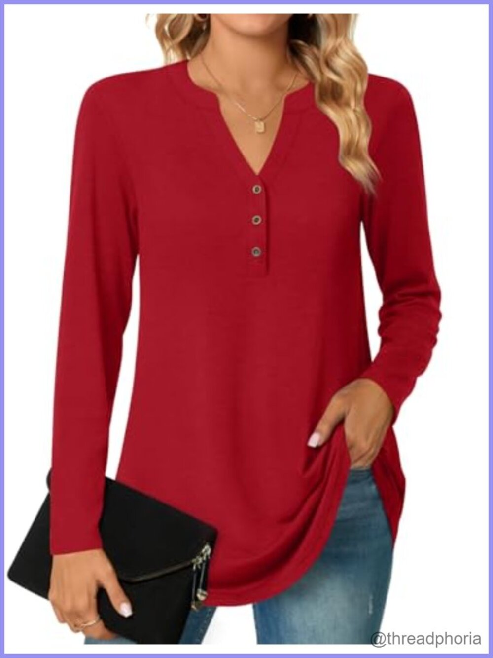 Women's Tunic Top Long Sleeve Henley Blouse Casual V-Neck Shirt
